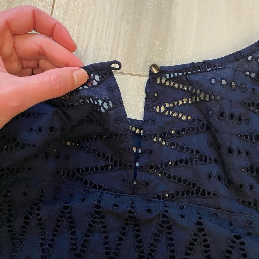 J. Crew Navy Blue Textured Eyelet Monochrome Sleeveless Preppy Top, 2 Tall